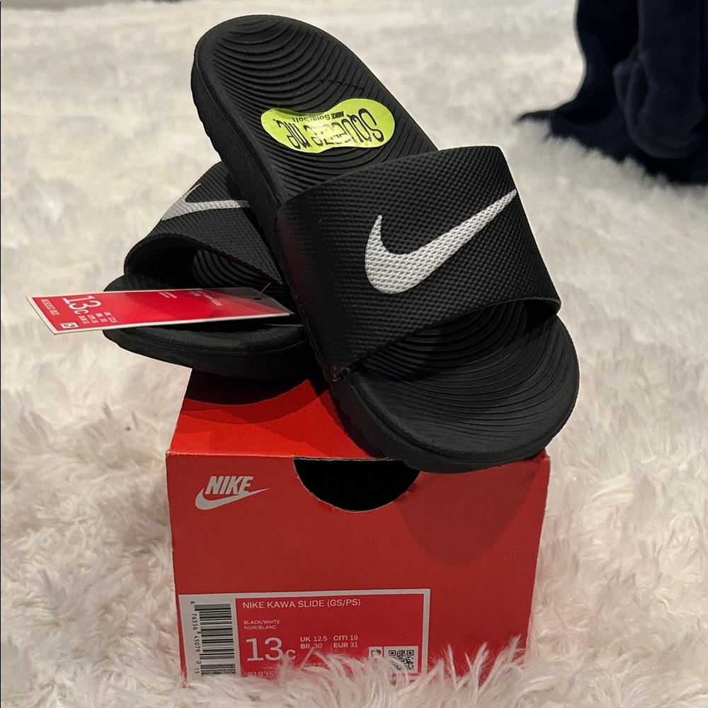 Nike Kids Black Slide Sandals with White Swoosh